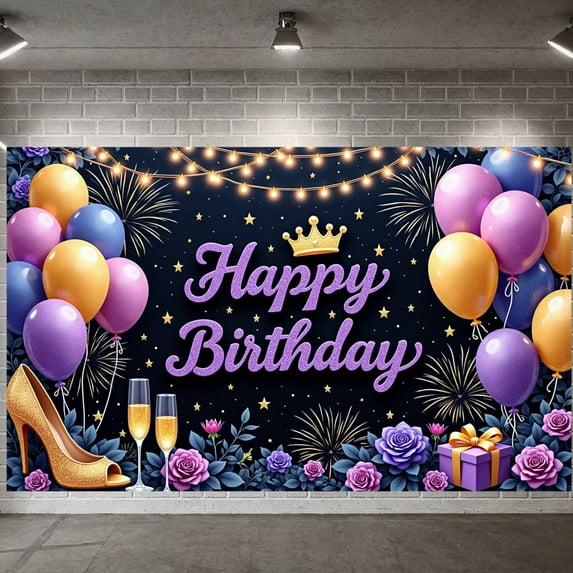 Purple Glitter Banner Gold Crown Princess Backdrop Colorful Balloons Golden Stars Royal Background for Birthday Party Princess Celebration Women's Birthday