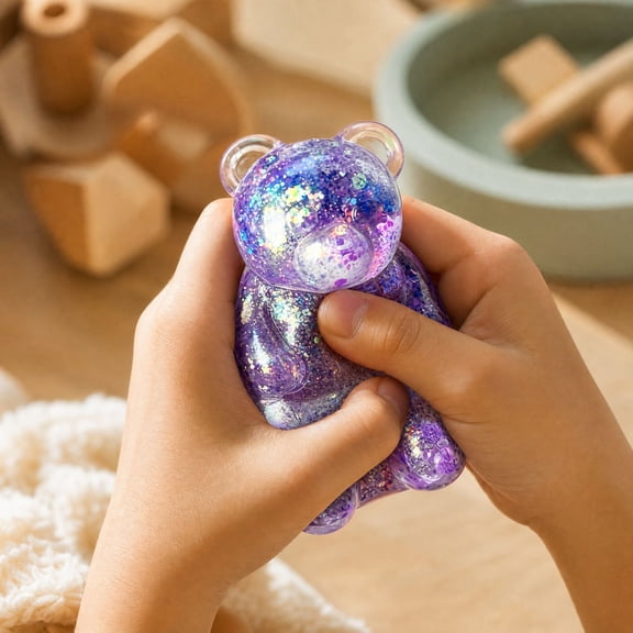 Purple Glitter Bear Squishy Toy with Slow Rising Design, 3 Inch, Purple, for Students, Relaxation Relief Squeeze Toy