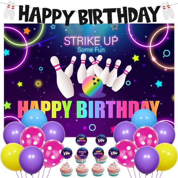 Purple Glitter Bowling Theme Backdrop, Let's Strike Up Some Fun Bowling Party- Vibrant Rainbow Neon Glow Girls' Birthday Decorations