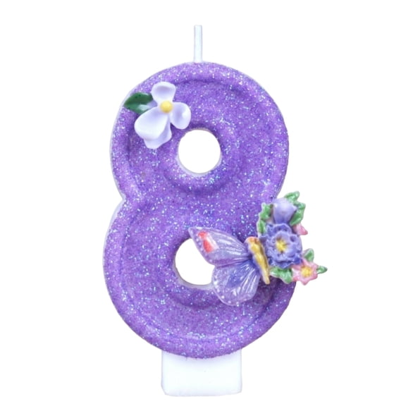 Purple Glitter Candle, Floral Cake Topper, Purple Glitter Number 8 Birthday Candle With Butterfly & Flower Figurines, Cake Topper for Garden Birthday Party Decorations, Butterfly E Number 8