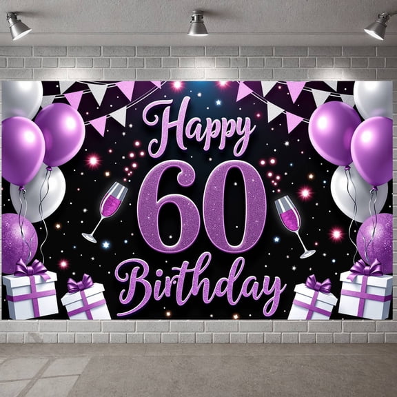 Purple Glitter Happy 60th Banner Balloons Decor 60th Birthday Display Gift Boxes Champagne Glasses Birthday Backdrop for 60th Birthday Party Adult Birthday Celebration Indoor Party Decoration