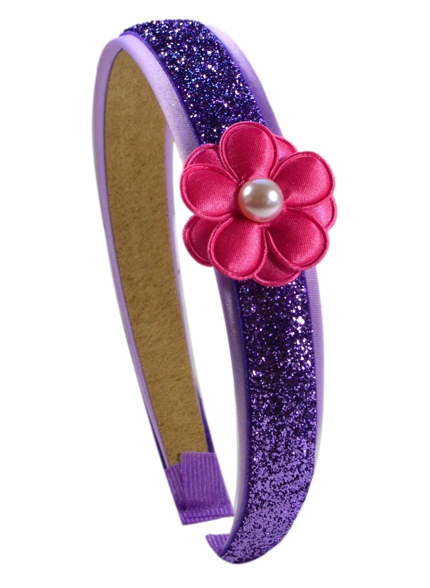 Purple Glitter Headband with Pink Daisy Flower for Preschoolers and