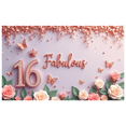 thumbnail image 1 of Purple Glitter Number Sweet 16 Birthday Banner Floral Crown Design Rose Butterfly for Teen Celebration Party Decoration, 1 of 8