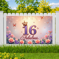 thumbnail image 1 of Purple Glitter Number Sweet 16 Birthday Banner Floral Crown Design Rose Butterfly for Teen Celebration Party Decoration, 1 of 9