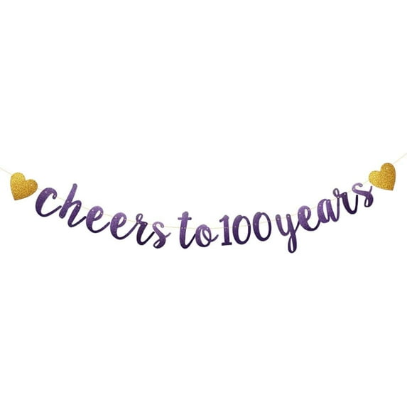 Purple Glitter Paper Banner, Pre-Strung,100th Birthday/Wedding Anniversary Party Decoration Supplies, Letters Purple Cheers to 100 Years
