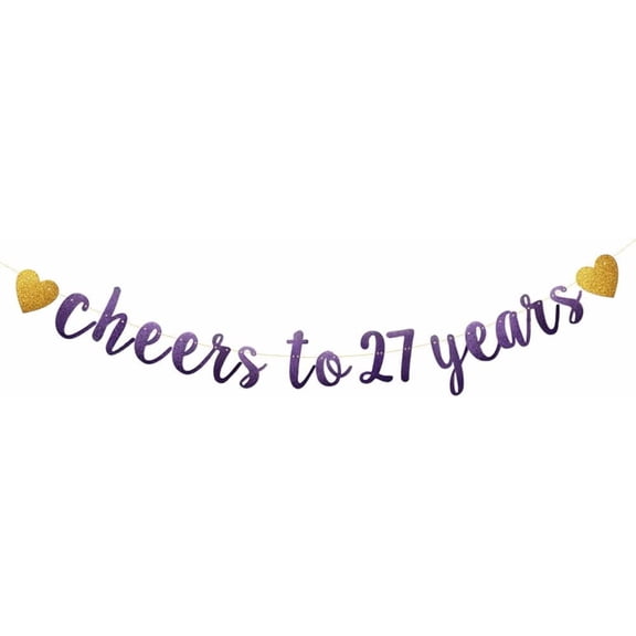 Purple Glitter Paper Banner, Pre-Strung,27th Birthday/Wedding Anniversary Party Decoration Supplies, Letters Purple Cheers to 27 Years