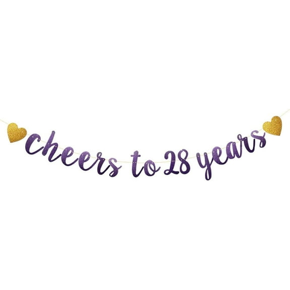 Purple Glitter Paper Banner, Pre-Strung,28th Birthday/Wedding Anniversary Party Decoration Supplies, Letters Purple Cheers to 28 Years