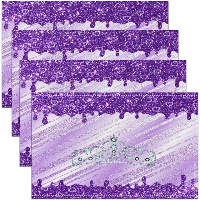 Purple Glitter Print Placemats Set of 4 Kitchen Dining Table 18"x12" Crown Decor Place Mats Diamond Print Table Place Mats Pastel Washable Fabric Decoration Table Mats Placemat(No Glitter)