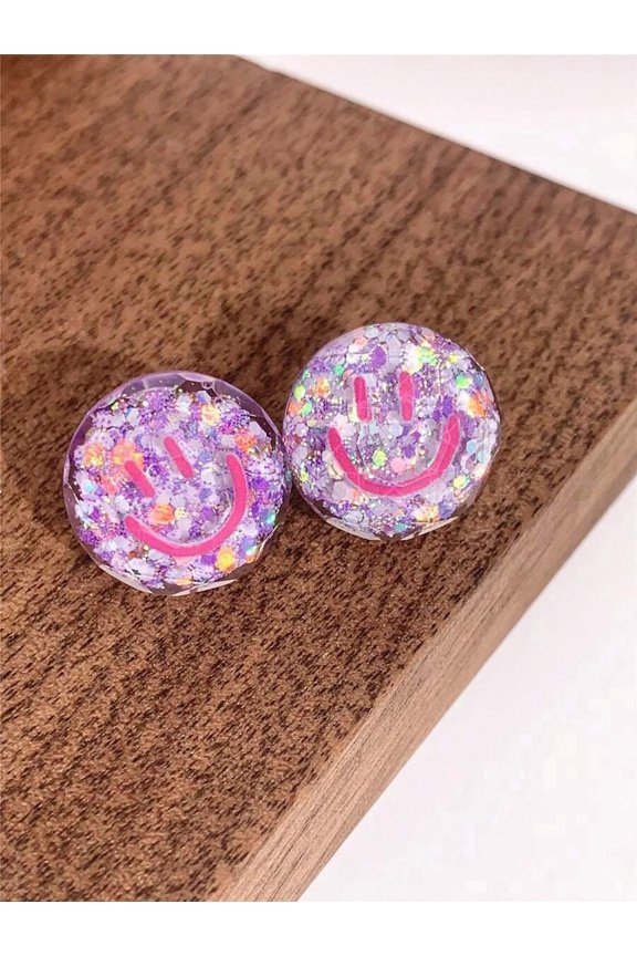 Purple Glitter Smiley Face Round Stud Earrings For Women
