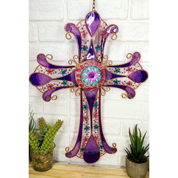 Purple Glitter Stained Glass Gemstones Copper Floral Celtic Cross Wall Decor