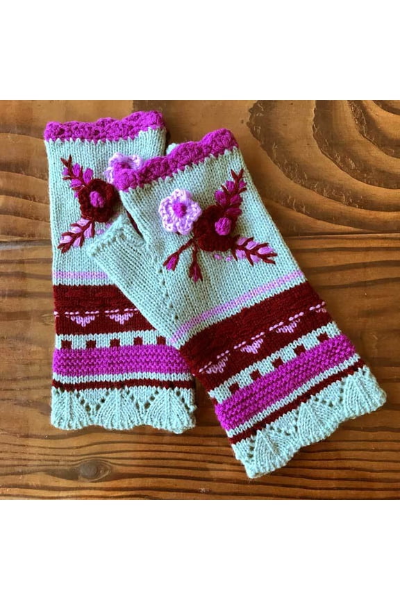Purple Gloves Mittens Women Warm Hand Hook Small Flower Handmade Woolen Gloves