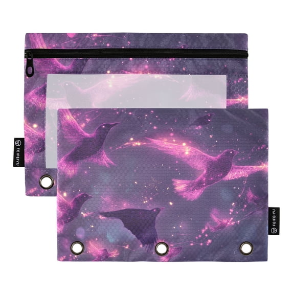 Purple Glowing Birds Flying 2 Pack Pencil Pouch for 3 Ring Binder Smooth Zipper Folders with Pockets Clear Window Pencil Case