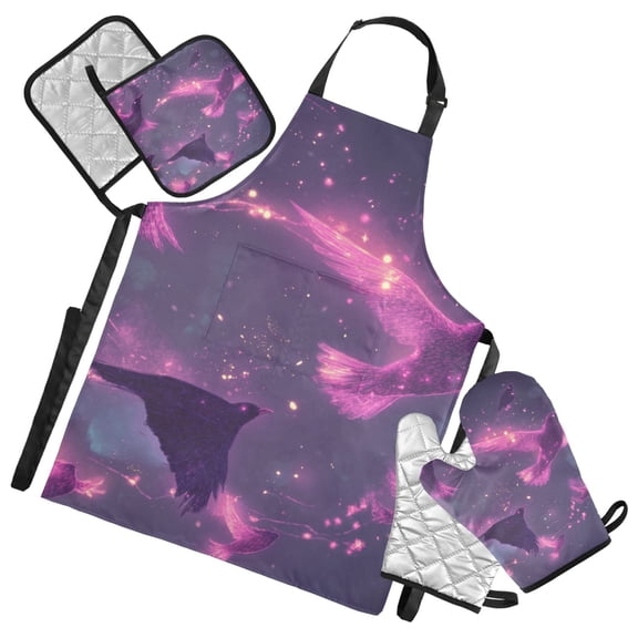 Purple Glowing Birds Flying 5 Pcs Kitchen Set Heat Resistant Oven Mitts and Non-Slip Pot Holders with Adjustable Cooking Apron