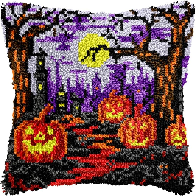 Purple Glowing Bushes Pumpkins Latch Hook Pillow Kits Pillow Cover with Pattern Printed Canvas Sofa Hooking Pillowcase Cushion Crafts Embroidery Latch Hooking Crochet Starter Kits 17x17 inch(1)