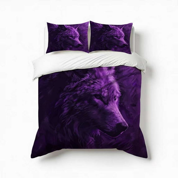 Purple Glowing Wolf Bedding Set 3 Pcs Soft Microfiber Quilt Cover For Bedroom Decor, Comforter Cover With 2 Pillowcase