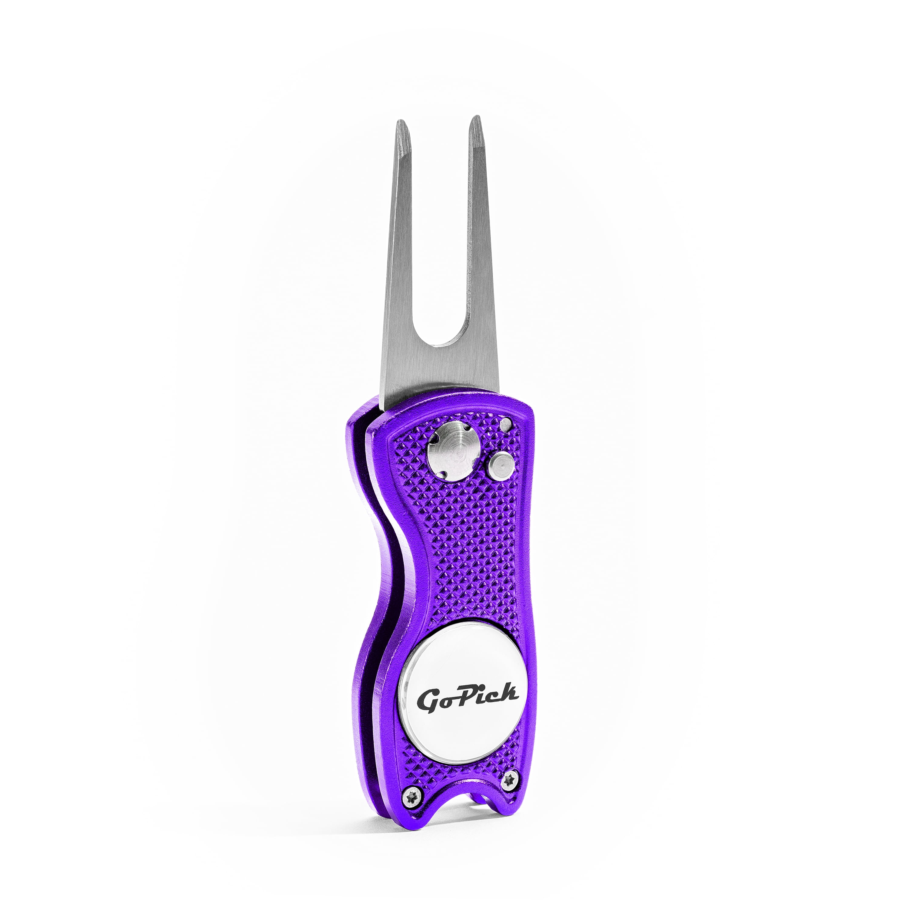 Purple GoPick Golf Divot Repair Tool Stainless Steel Switchblade With