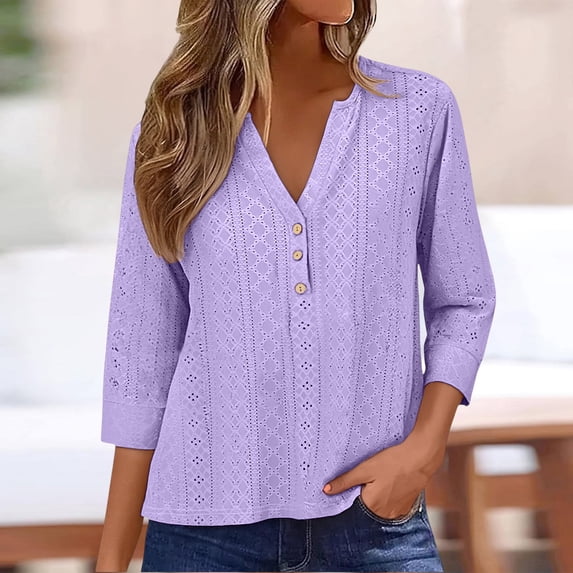 Purple Going Out Tops for Women Summer Tops for Women 2025 Trendy 3/4 Sleeve V Neck Eyelet Shirts Casual Holiday Vacation Blouses