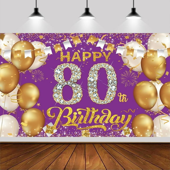 Purple Gold 80th Happy Birthday Backdrop,Pink Gold Happy Birthday Photography Background Banner for Birthday Party Backdrop