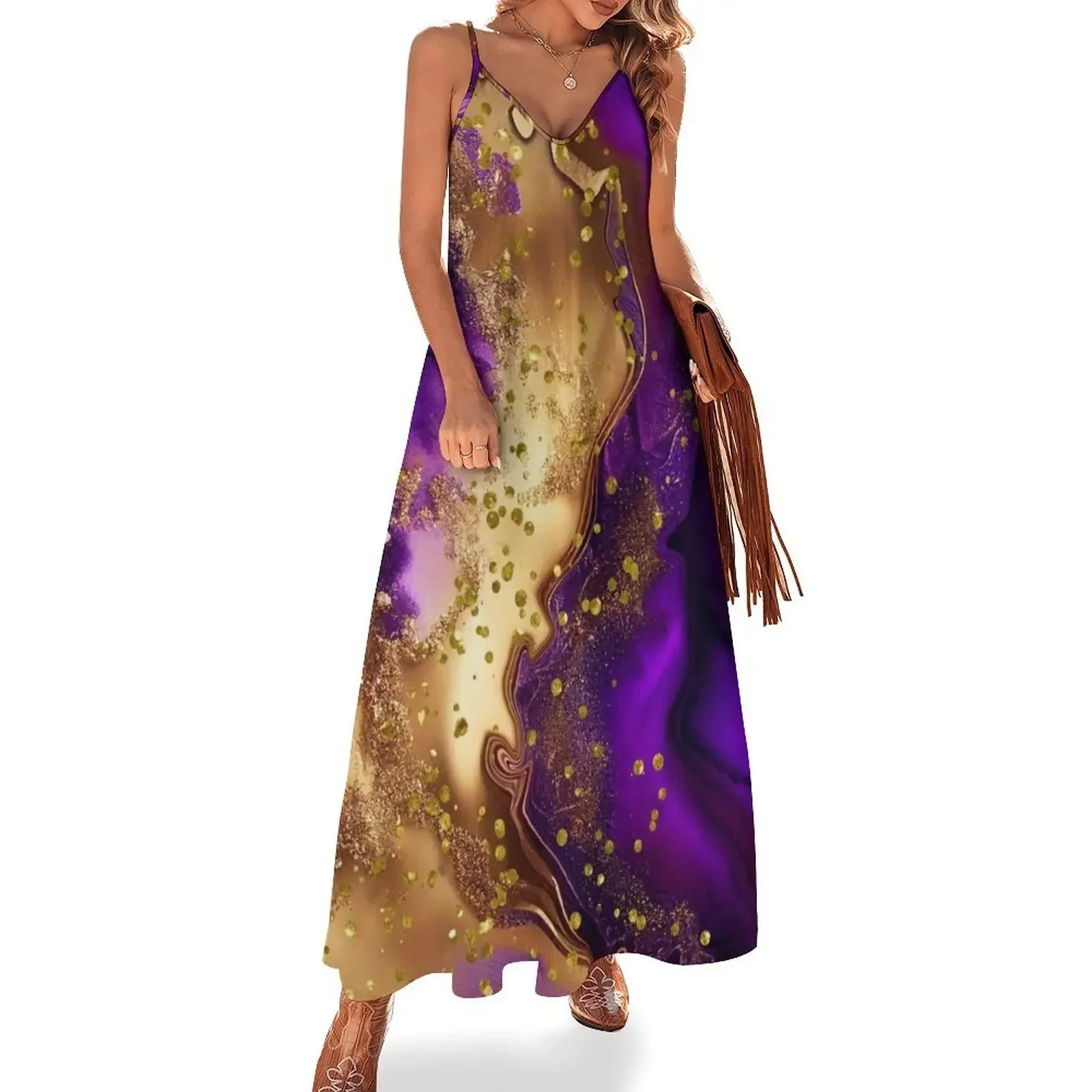 Purple Gold Abstract Sleeveless Dress evening dresses women