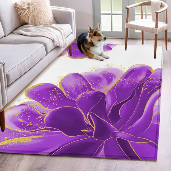 Purple Gold Area Rug 4x6 FT, Non Slip Kids Room Carpet, Abstract Flower Ombre Aesthetics Paint Washable Soft Floor Carpet Non-Shedding Throw Rug for Dorm Kitchen Study Room Home Office Bedside
