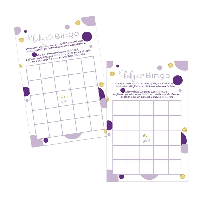 Purple and Gold Baby Shower Bingo Game Pack of 25 Activity Guests