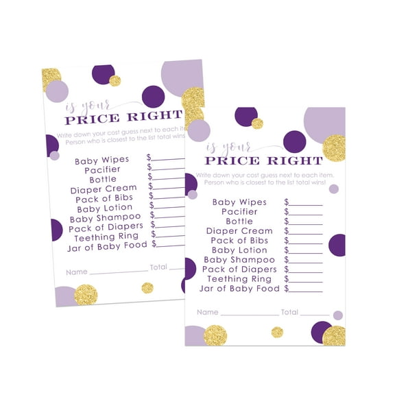 Purple and Gold Baby Shower Guess the Price Game Cards (25 Pack) Girls Baby Shower Games Gender Reveal - Princess Mermaid Party Themed - 4x6 Size Set - Paper Clever Party