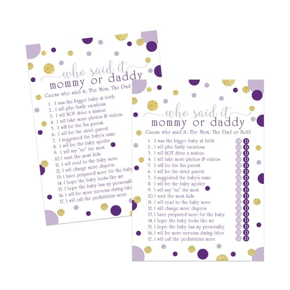 Purple and Gold Baby Shower Mommy or Daddy Game Cards - Parents Guessing Activity for Guests - Gender Reveal - Royal Mermaid Princess Theme - 5x7 Size Set - Paper Clever Party