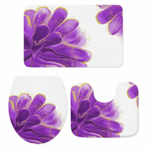 Purple Gold Bath Mat 3 Piece Bathroom Rug Set, Abstract Flower Ombre Aesthetics Paint Non Slip Bath Rug Contour Mat and Toilet Lid Cover, Absorbent Shower Mats Soft Bath Rugs and Mats Sets