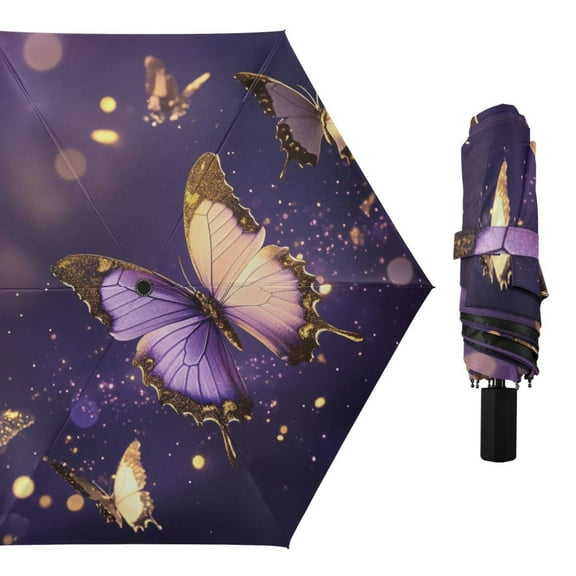Purple Gold Butterflies All Weather Umbrella Triple Folding Parasol 6 Ribs UV Protection Portable