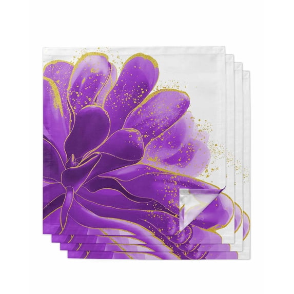 Purple Gold Cloth Napkins Set of 4 Reusable Dinner Napkins, Abstract Flower Ombre Aesthetics Paint Cocktail Napkin Washable Table Napkins for Wedding/Holiday Party/Baby Shower 20"x20"