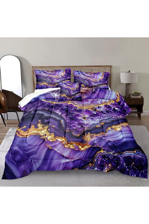 Purple Gold Comforter Queen Set Marble Bedding Set Abstract Art Marble Texture Stone Diamond Aesthetic Room Decor 4 Pcs Luxury Bedding Duvet Set 1 Comforter 2 Pillowcases 1 Cushion Cover