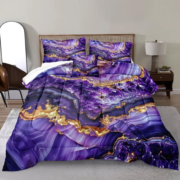 Purple Gold Comforter Queen Set Marble Bedding Set Abstract Art Marble Texture Stone Diamond Aesthetic Room Decor 4 Pcs Luxury Bedding Duvet Set 1 Comforter 2 Pillowcases 1 Cushion Cover