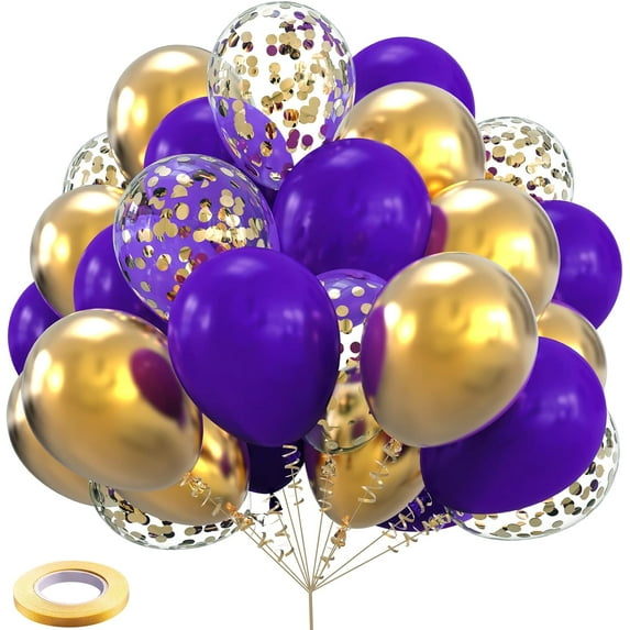 Purple Gold Confetti Latex Balloons,50pcs 12 inch Dark Purple and Gold Metallic Chrome Party Balloons for Birthday, Baby Shower, Wedding, Anniversary and Festival Ceremony Decoration