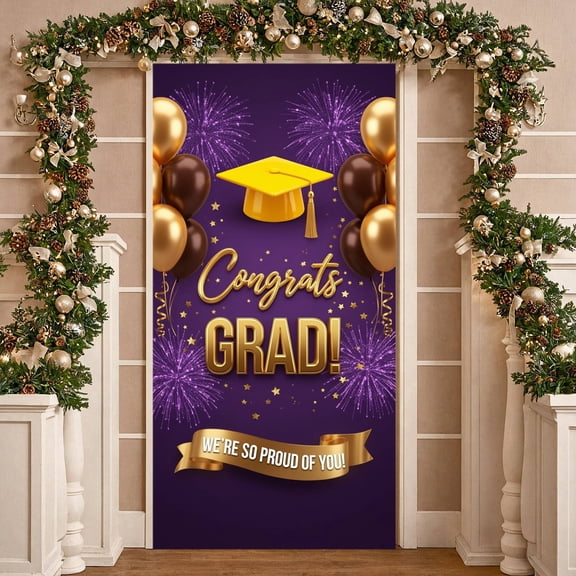 Purple & Gold Congrats Grad Banner Gold Balloons Graduation Backdrop Star Accents Metallic Graduation Display for Graduation Ceremony College Grad Parties High School Graduation