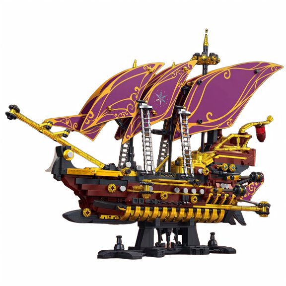 Purple & Gold Fantasy Pirate Ship Building Block Set with Decorative Sails, Creative Birthday Gift, Home Office Table Centerpiece