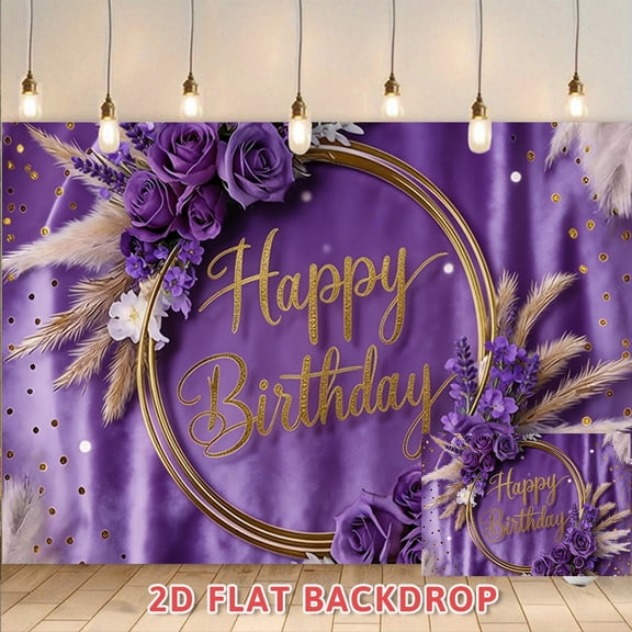 Purple Gold Floral Happy Birthday Backdrop, Satin Texture Photography Background for Adult Birthday Party, Banquet, Photo Booth Decorations and Celebration Scene Setup Props