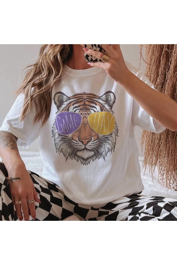 Purple & Gold Game Day Tiger Shirt Unisex | Retro Tiger Graphic Tee | Football Game Day T-Shirt | Sports Fan Shirt | College Game Day Outfit