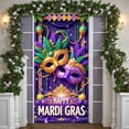 thumbnail image 1 of Purple Gold Green Mardi Gras Banner Feather Decorated Carnival Display Beaded Trim Ornate Mask Festive Backdrop for Mardi Gras Celebration Carnival Party Masquerade Event, 1 of 9