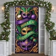 thumbnail image 1 of Purple Gold Green Mardi Gras Banner Masquerade Mask Carnival Display Feather Accent Ribbon Banner Beaded Ornament Festive Background for Carnival Party Mardi Gras Celebration New Orleans Event, 1 of 3
