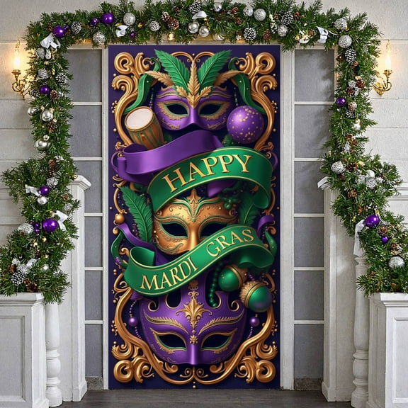 Purple Gold Green Mardi Gras Banner Masquerade Mask Carnival Display Feather Accent Ribbon Banner Beaded Ornament Festive Background for Carnival Party Mardi Gras Celebration New Orleans Event