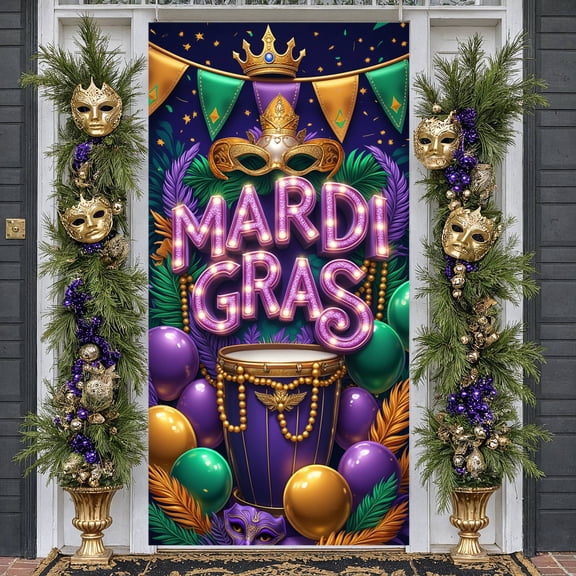 Purple Gold Green Mardi Gras Banner Masquerade Masks Carnival Display Feather Decor Beaded Trim Festive Backdrop for Mardi Gras Party Carnival Parade Masquerade Ball