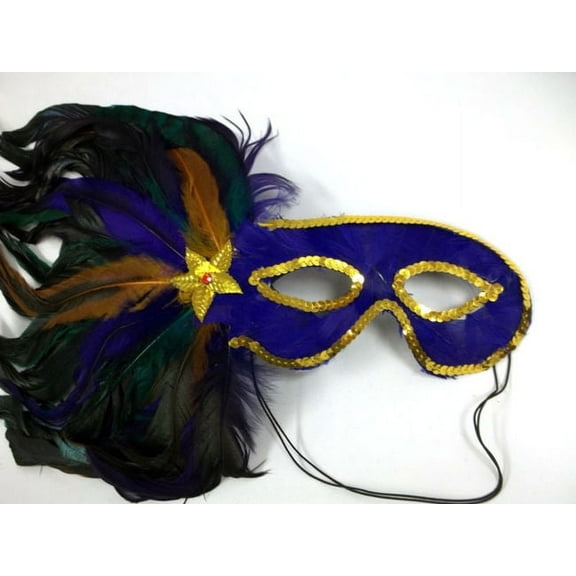 Purple Gold Green Side Feather Masquerade Mardi Gras Colors Mask