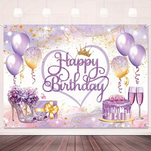 Purple Gold Happy Birthday Backdrop Banner Pink and Purple Women's Party Decoration Glitter Balloons Wall Photography Background Cloth 7x5 Feet