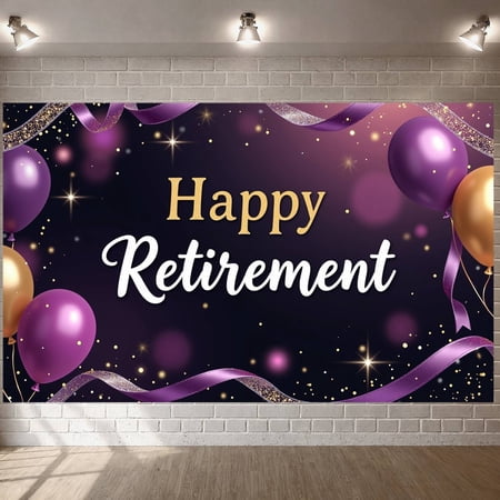 Purple & Gold Happy Retirement Banner Glitter Accents Retirement Backdrop Satin Ribbon Sparkle Effects Retirement Display for Retirement Party Office Farewell Family Celebration