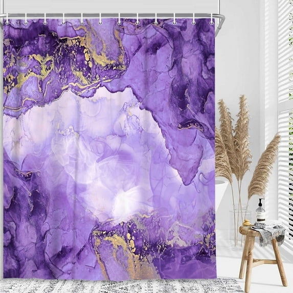 Purple Gold Marble Shower Curtain, Abstract Modern Colourful Ink Paint Veins Texture Crack Shower Curtain Sets, Fabric 3D Printing Durable Waterproof Bath Curtain with Hooks, 72X72in