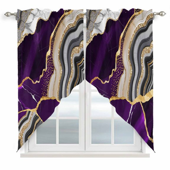 Purple Gold Marble Swag Curtain Valance for Small Windows, Glitter Geometric Marble Foil Texture Window Treatments Rod Pocket Short Topper Valances for Kitchen Bathroom Bedroom, 36"x36" 2 Pack