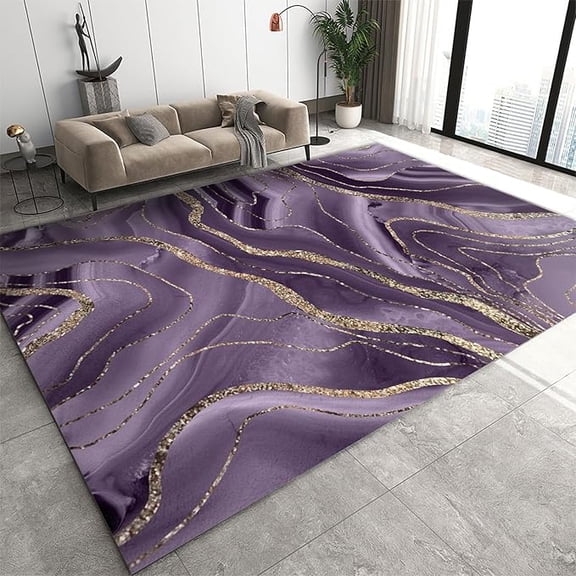 Purple Gold Marble Texture Area Carpet, Retro Light Luxury Purple Agate Gold Glitter Glam Art Home Decor Rug, Machine Washable Breathable Durable Carpet for Front Entrance Floor Decor 4 x 6ft