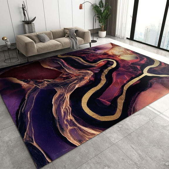 Purple Gold Marble Texture Area Rug, Golden Abstract Geometric Lines Indoor Rugs, With Anti-Slip Backing Washable Carpet For Living Room Bedroom Kitchen Entryway Floor Mat