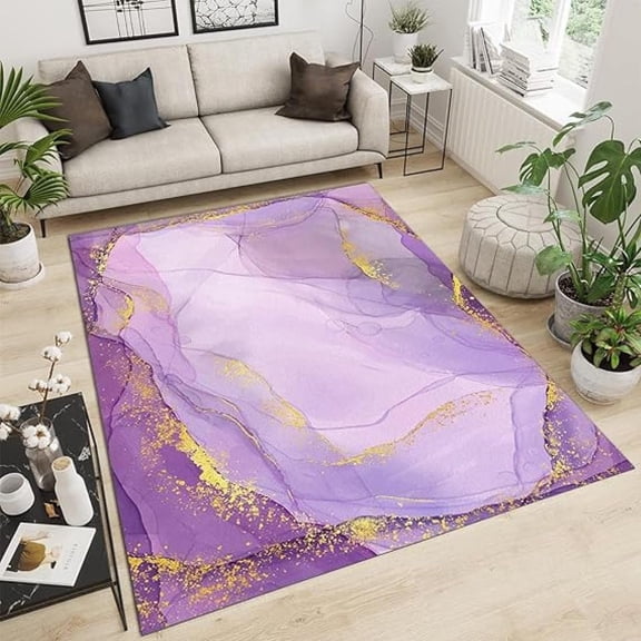 Purple Gold Marble Texture Area Rug Modern Gradient Dreamy Large Rugs Easy Clean Carpet Washable Indoor Non Slip Boys Girls Bed Living Room Carpets Decor 4x5 Non-slip Soft Bedroom