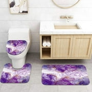 Purple Gold Marble Texture Bathroom Rugs Sets 3 Piece, Abstract Modern Bathroom Mat Set, Durable Contour Mat and Toilet Lid Cover Nonslip Home Washroom Decor Durable Polyester Shower Accessories